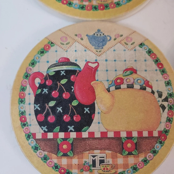 Set of 4 Mary Engelbreit Teapots Drink Coasters Cork Back - Picture 4 of 10